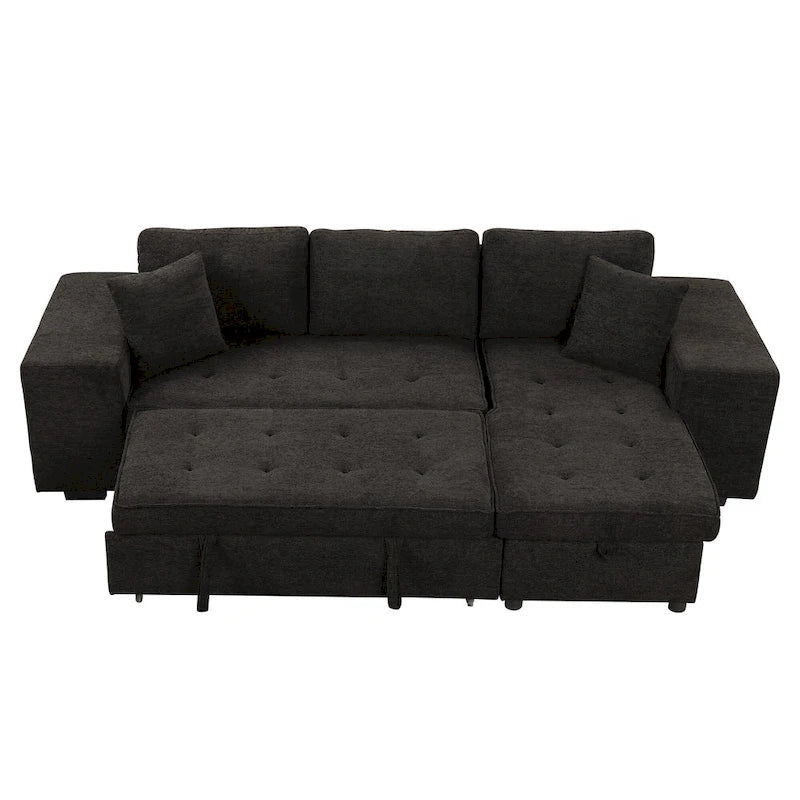Canapé sectionnel moderne réversible en L 3 places Roomfitters, avec couchage escamotable, méridienne de rangement et deux tabourets