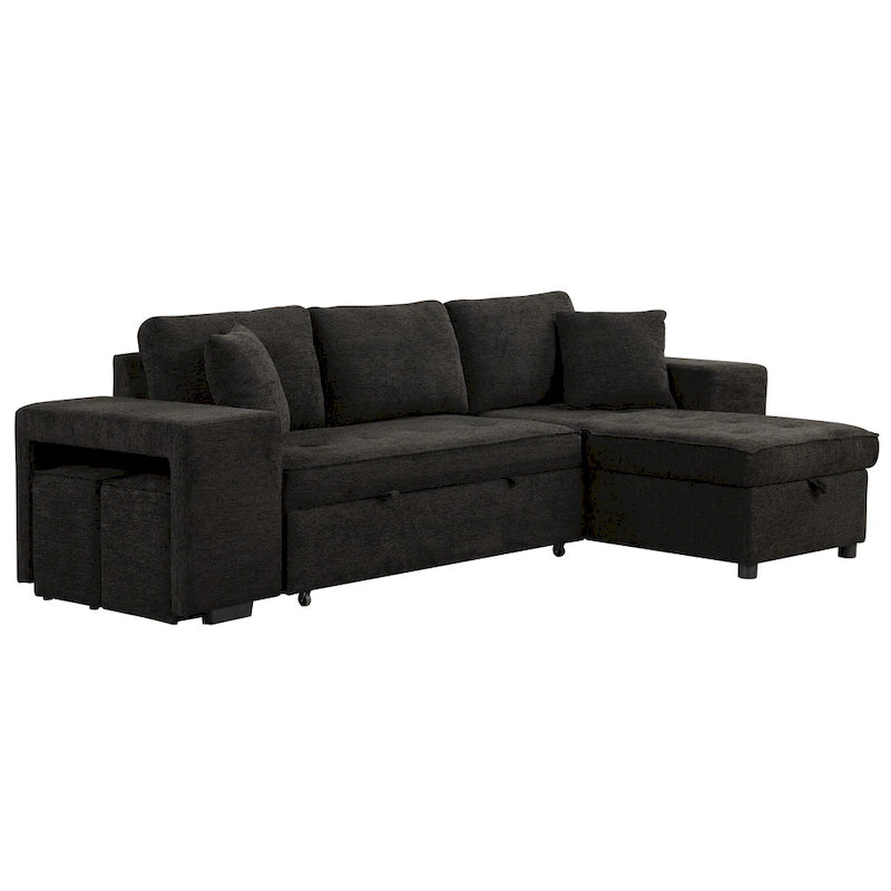 Canapé sectionnel moderne réversible en L 3 places Roomfitters, avec couchage escamotable, méridienne de rangement et deux tabourets