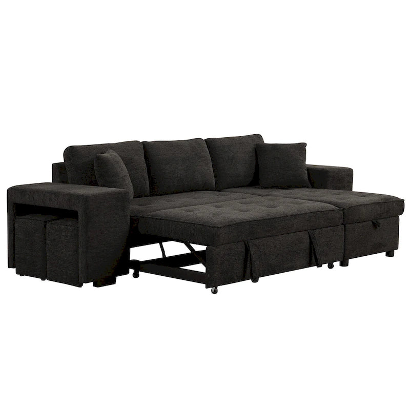 Canapé sectionnel moderne réversible en L 3 places Roomfitters, avec couchage escamotable, méridienne de rangement et deux tabourets