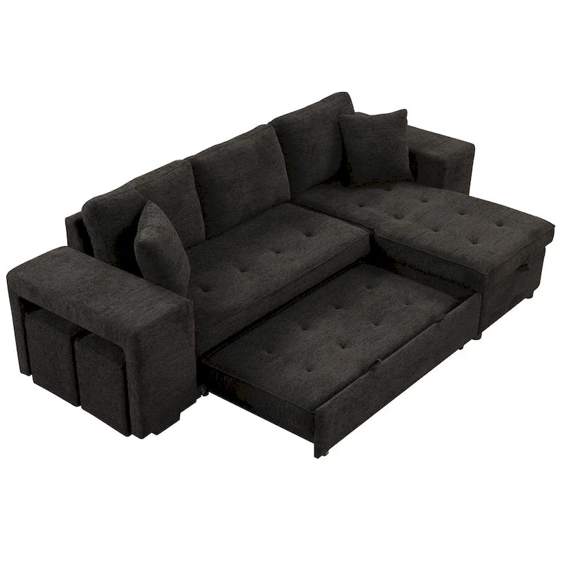 Canapé sectionnel moderne réversible en L 3 places Roomfitters, avec couchage escamotable, méridienne de rangement et deux tabourets