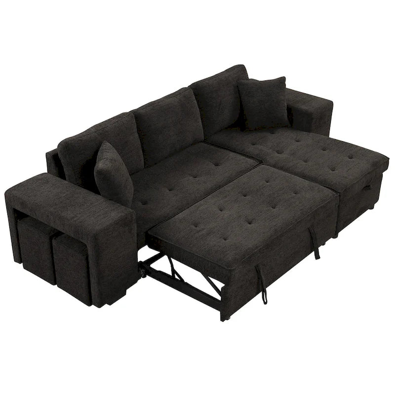 Canapé sectionnel moderne réversible en L 3 places Roomfitters, avec couchage escamotable, méridienne de rangement et deux tabourets