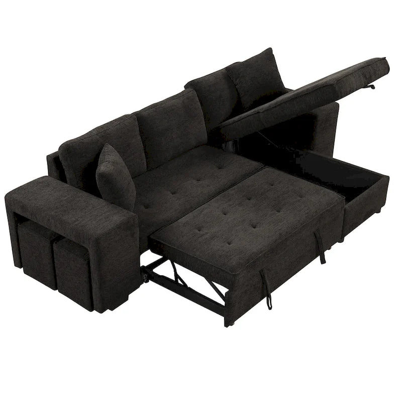 Canapé sectionnel moderne réversible en L 3 places Roomfitters, avec couchage escamotable, méridienne de rangement et deux tabourets