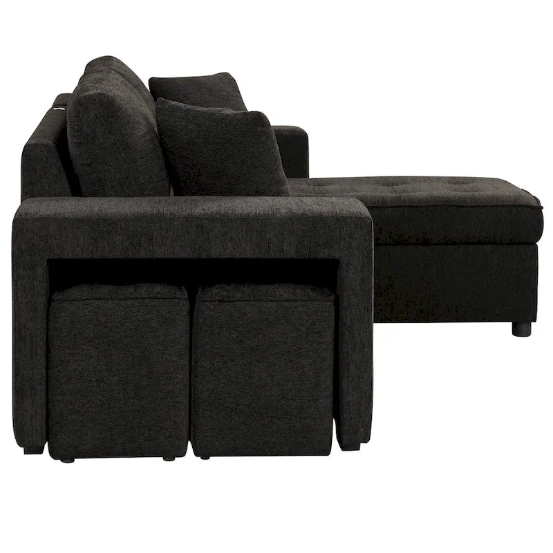 Canapé sectionnel moderne réversible en L 3 places Roomfitters, avec couchage escamotable, méridienne de rangement et deux tabourets