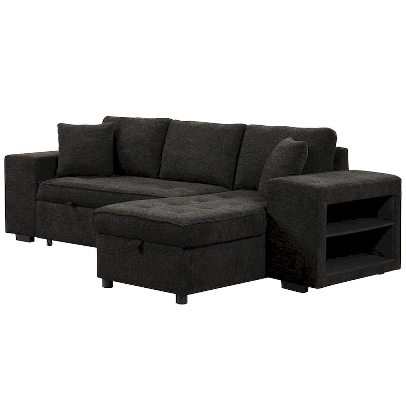 Canapé sectionnel moderne réversible en L 3 places Roomfitters, avec couchage escamotable, méridienne de rangement et deux tabourets