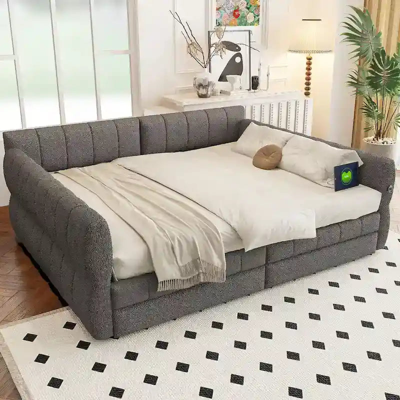 Lit plateforme rembourré Queen avec port USB et 2 tiroirs, cadre de lit de repos en bois avec dossier, aucun sommier tapissier requis