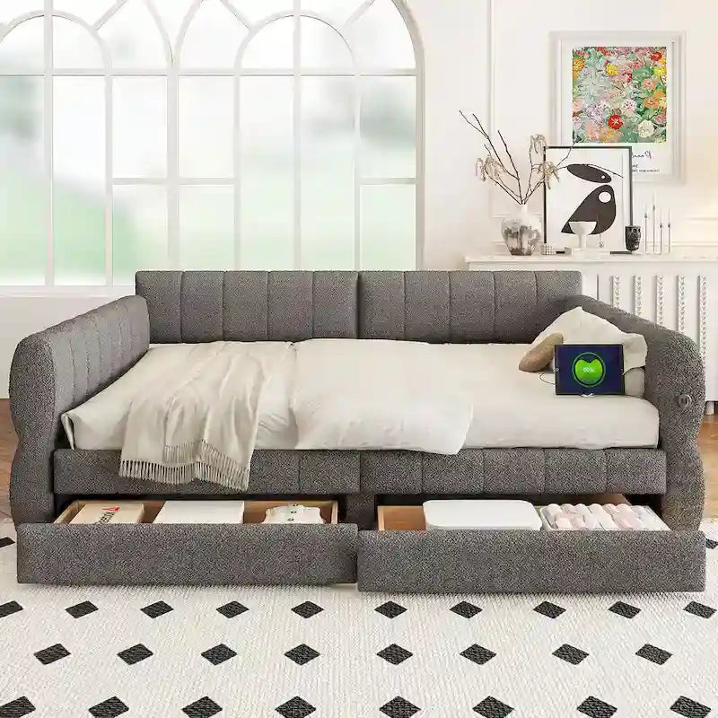 Lit plateforme rembourré Queen avec port USB et 2 tiroirs, cadre de lit de repos en bois avec dossier, aucun sommier tapissier requis