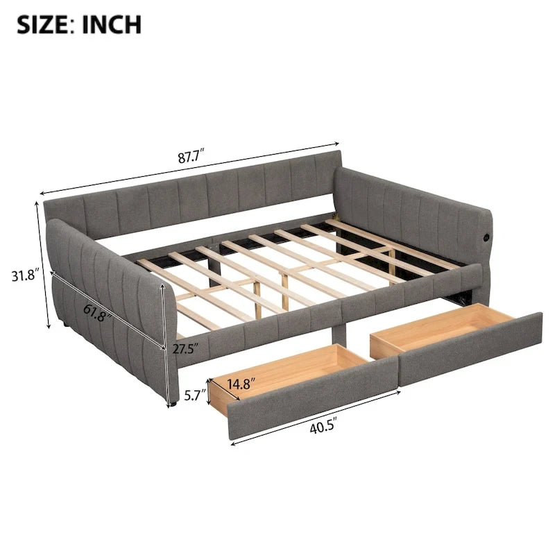 Lit plateforme rembourré Queen avec port USB et 2 tiroirs, cadre de lit de repos en bois avec dossier, aucun sommier tapissier requis