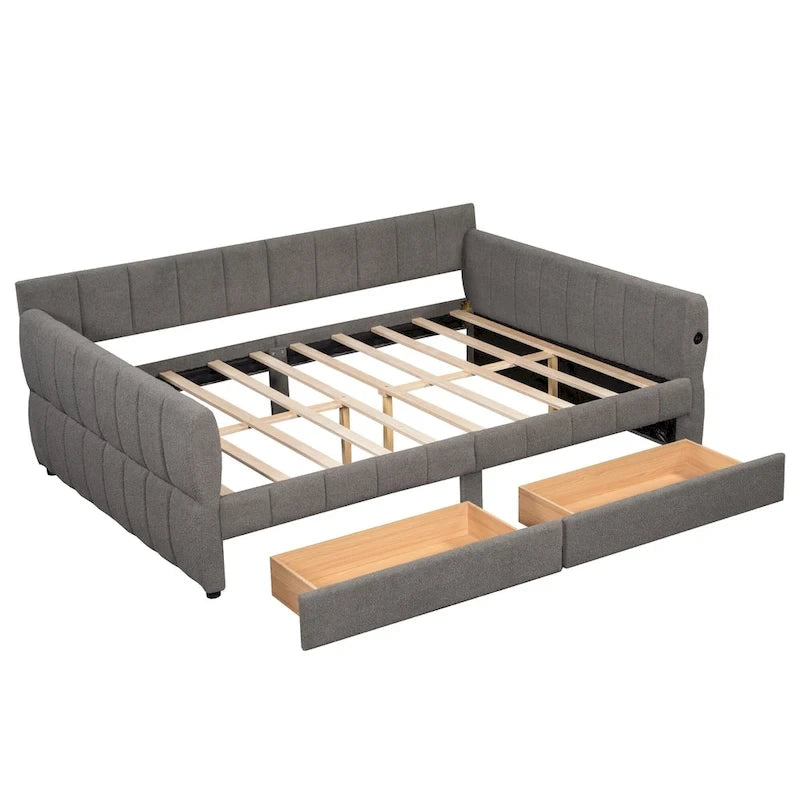 Lit plateforme rembourré Queen avec port USB et 2 tiroirs, cadre de lit de repos en bois avec dossier, aucun sommier tapissier requis