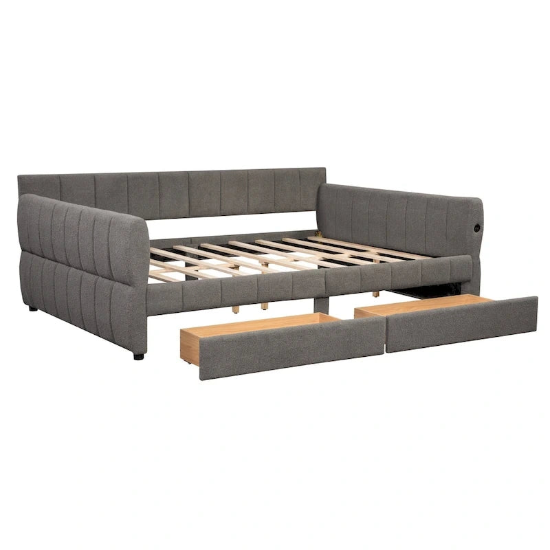Lit plateforme rembourré Queen avec port USB et 2 tiroirs, cadre de lit de repos en bois avec dossier, aucun sommier tapissier requis