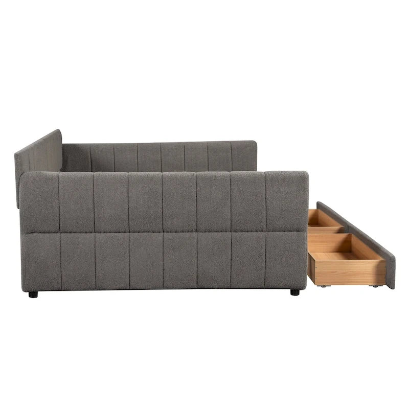 Lit plateforme rembourré Queen avec port USB et 2 tiroirs, cadre de lit de repos en bois avec dossier, aucun sommier tapissier requis