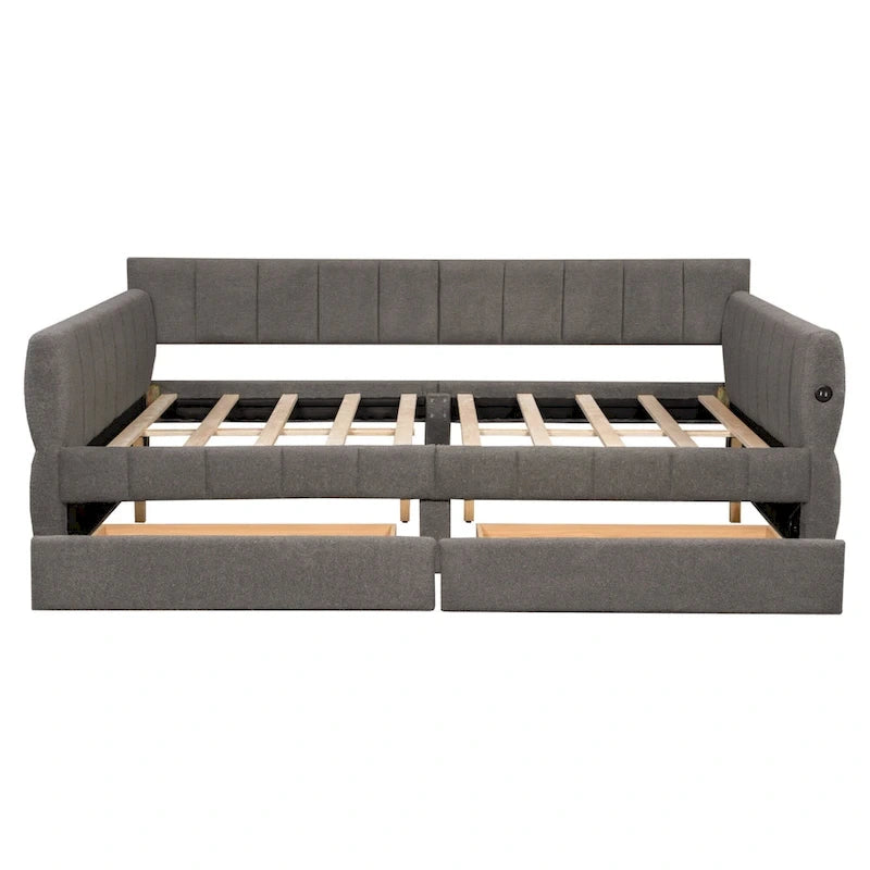Lit plateforme rembourré Queen avec port USB et 2 tiroirs, cadre de lit de repos en bois avec dossier, aucun sommier tapissier requis