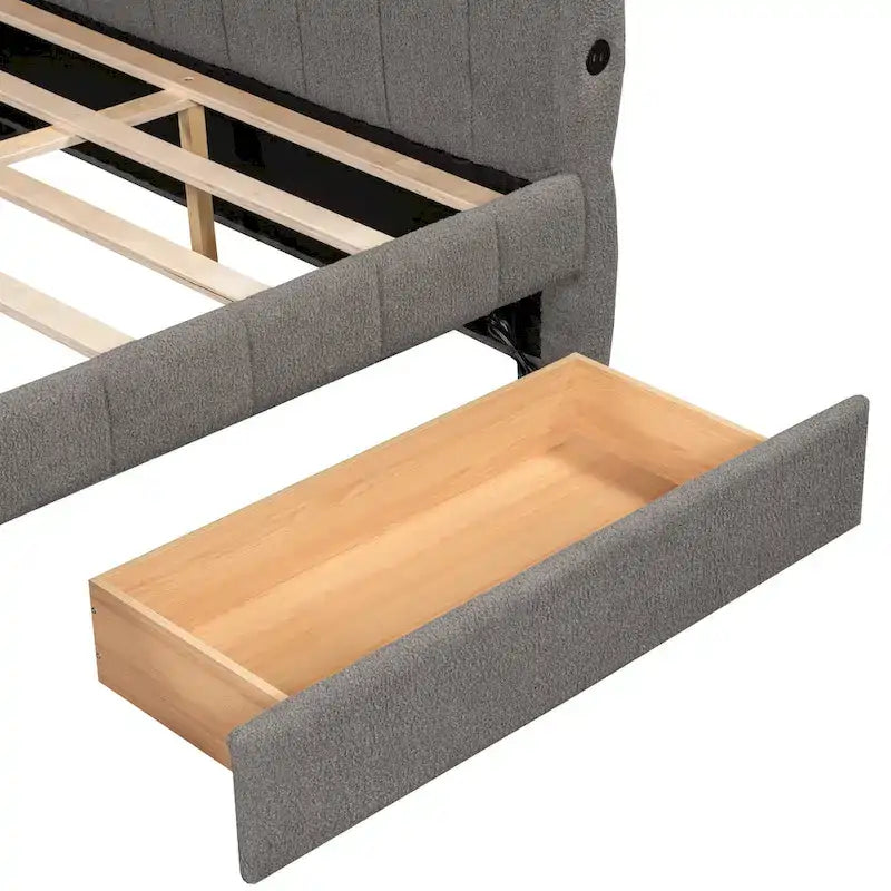 Lit plateforme rembourré Queen avec port USB et 2 tiroirs, cadre de lit de repos en bois avec dossier, aucun sommier tapissier requis