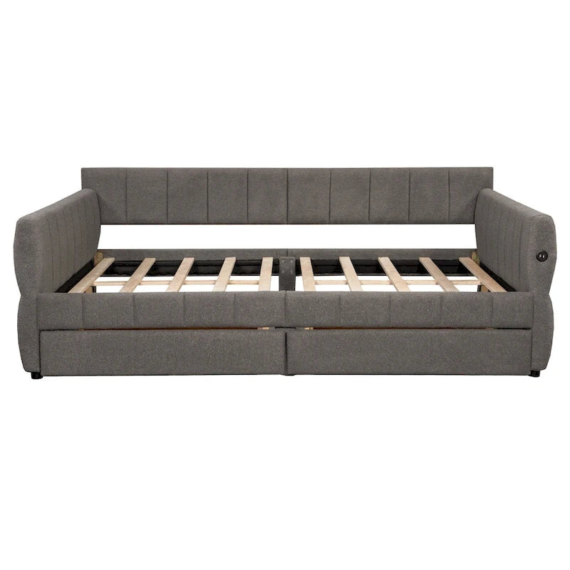 Lit plateforme rembourré Queen avec port USB et 2 tiroirs, cadre de lit de repos en bois avec dossier, aucun sommier tapissier requis