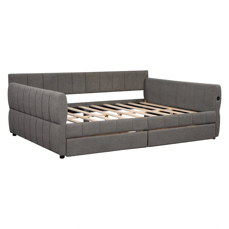 Lit plateforme rembourré Queen avec port USB et 2 tiroirs, cadre de lit de repos en bois avec dossier, aucun sommier tapissier requis
