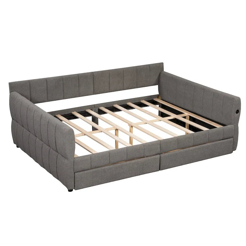 Lit plateforme rembourré Queen avec port USB et 2 tiroirs, cadre de lit de repos en bois avec dossier, aucun sommier tapissier requis