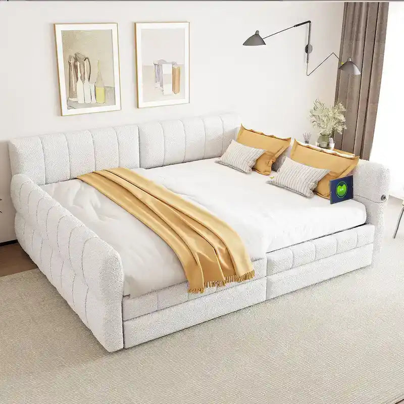 Lit plateforme rembourré Queen avec port USB et 2 tiroirs, cadre de lit de repos en bois avec dossier, aucun sommier tapissier requis