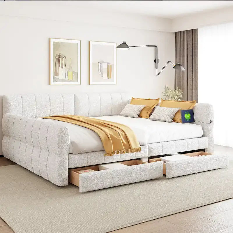 Lit plateforme rembourré Queen avec port USB et 2 tiroirs, cadre de lit de repos en bois avec dossier, aucun sommier tapissier requis