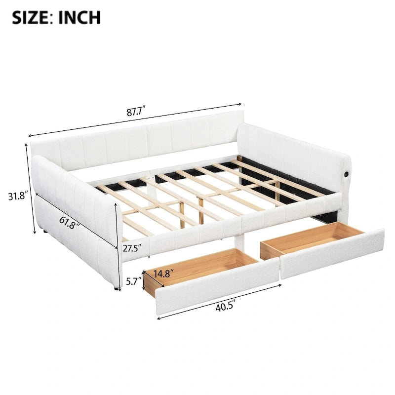 Lit plateforme rembourré Queen avec port USB et 2 tiroirs, cadre de lit de repos en bois avec dossier, aucun sommier tapissier requis