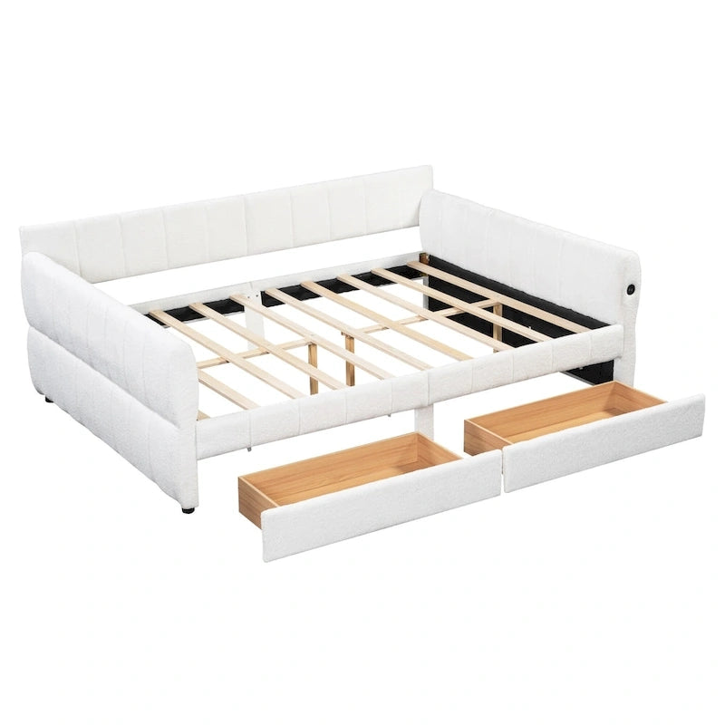 Lit plateforme rembourré Queen avec port USB et 2 tiroirs, cadre de lit de repos en bois avec dossier, aucun sommier tapissier requis