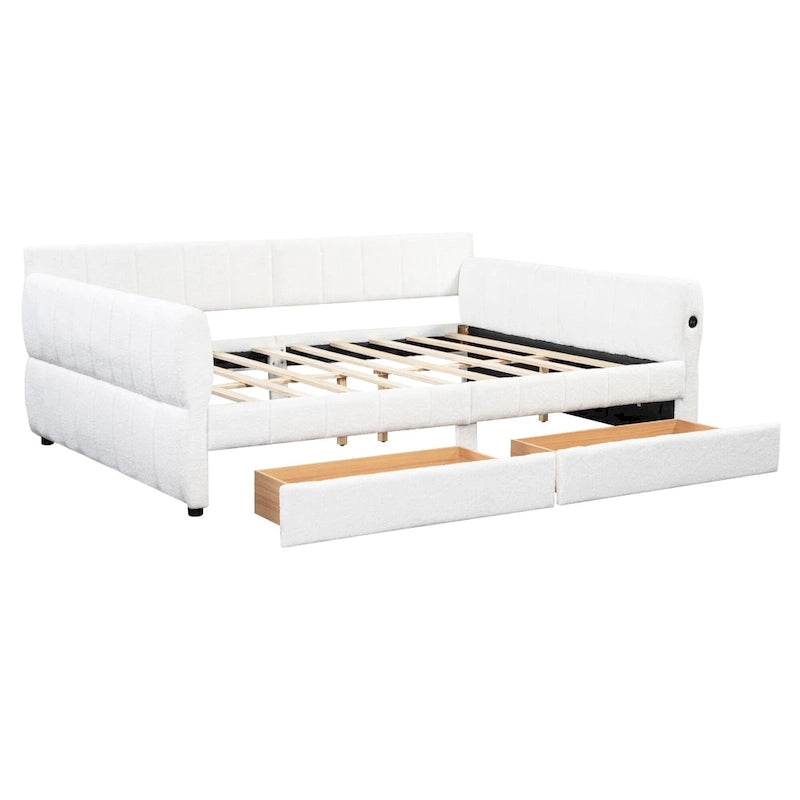 Lit plateforme rembourré Queen avec port USB et 2 tiroirs, cadre de lit de repos en bois avec dossier, aucun sommier tapissier requis