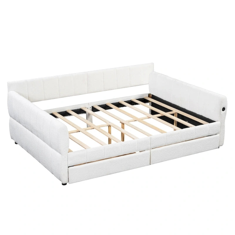 Lit plateforme rembourré Queen avec port USB et 2 tiroirs, cadre de lit de repos en bois avec dossier, aucun sommier tapissier requis