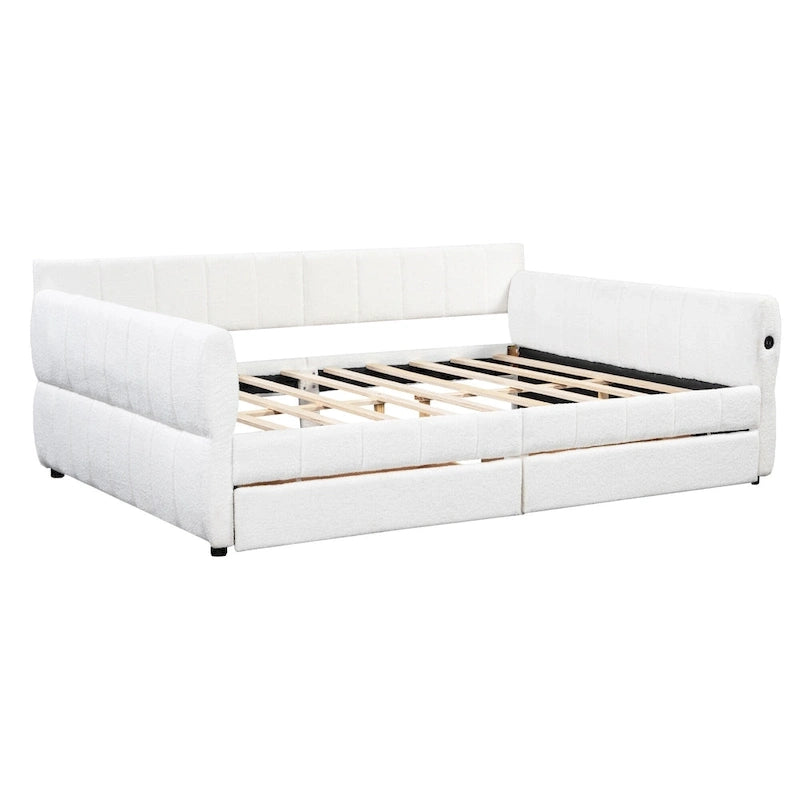 Lit plateforme rembourré Queen avec port USB et 2 tiroirs, cadre de lit de repos en bois avec dossier, aucun sommier tapissier requis