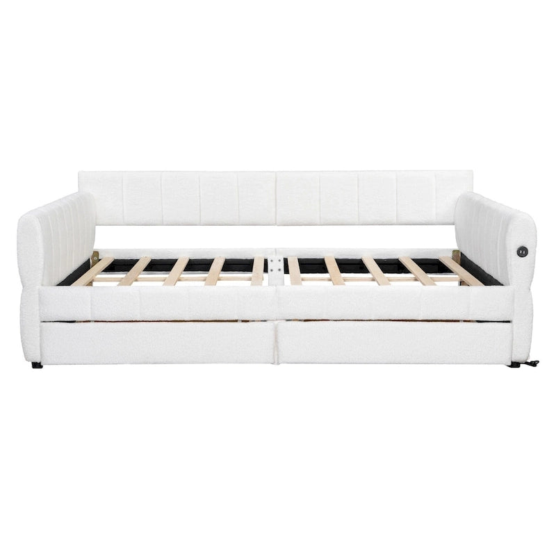 Lit plateforme rembourré Queen avec port USB et 2 tiroirs, cadre de lit de repos en bois avec dossier, aucun sommier tapissier requis