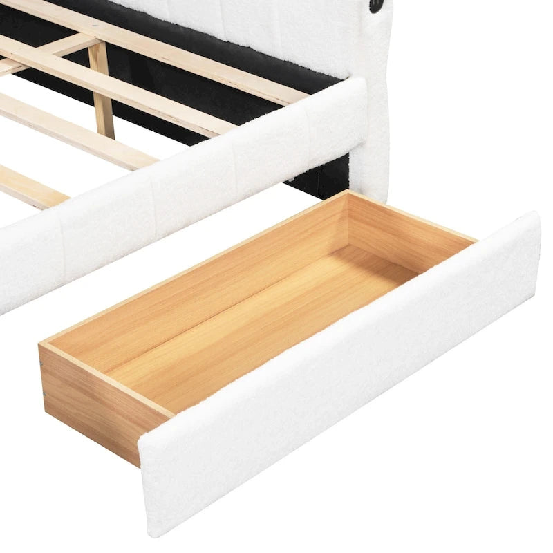 Lit plateforme rembourré Queen avec port USB et 2 tiroirs, cadre de lit de repos en bois avec dossier, aucun sommier tapissier requis