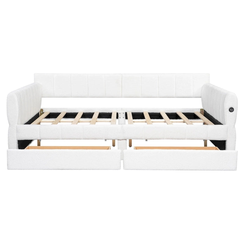Lit plateforme rembourré Queen avec port USB et 2 tiroirs, cadre de lit de repos en bois avec dossier, aucun sommier tapissier requis
