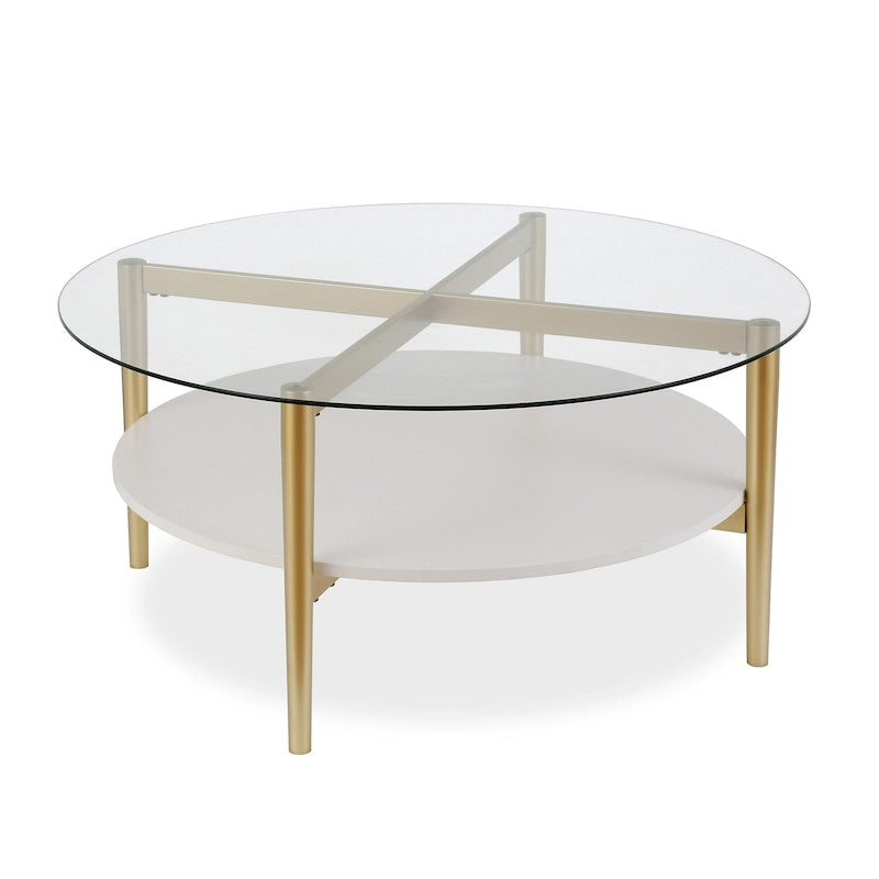 Table Basse Ronde en Verre de 36 Pouces avec Base et Étagère en Acier Doré pour Rangement Pièce d'Appoint Moderne pour Salon - 36L x 36W x 17H