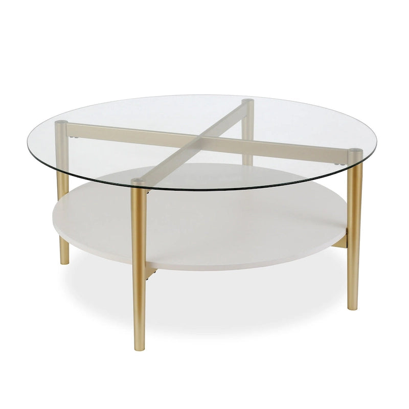 Table Basse Ronde en Verre de 36 Pouces avec Base et Étagère en Acier Doré pour Rangement Pièce d'Appoint Moderne pour Salon - 36L x 36W x 17H