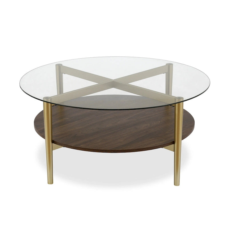 Table Basse Ronde en Verre de 36 Pouces avec Base et Étagère en Acier Doré pour Rangement Pièce d'Appoint Moderne pour Salon - 36L x 36W x 17H