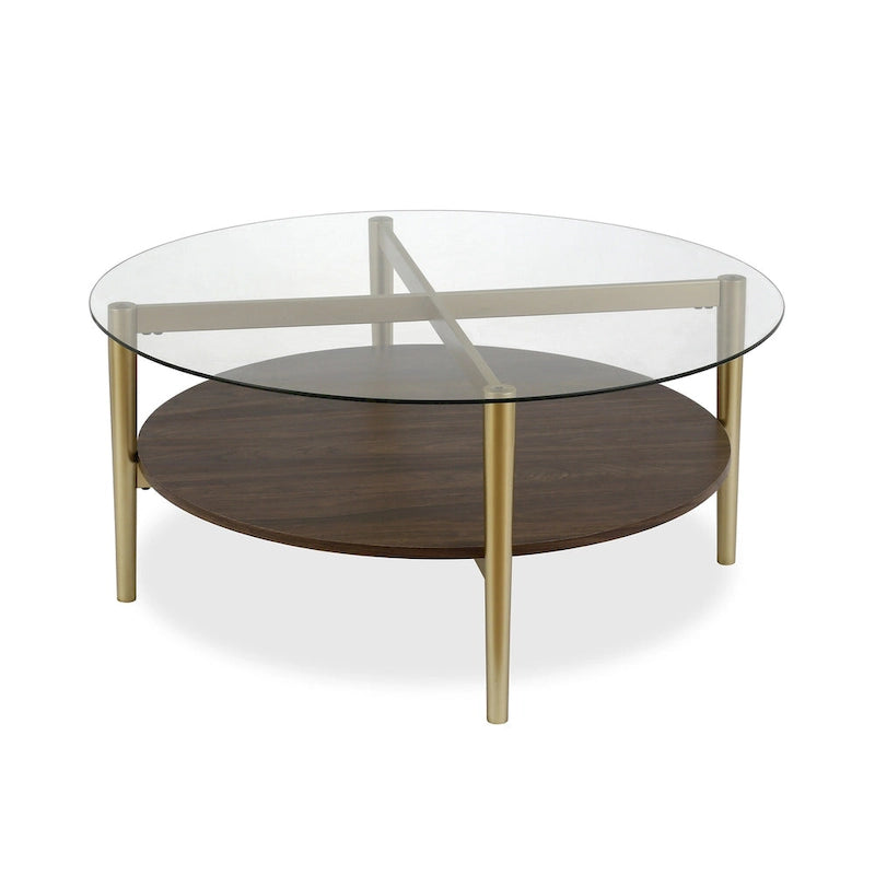 Table Basse Ronde en Verre de 36 Pouces avec Base et Étagère en Acier Doré pour Rangement Pièce d'Appoint Moderne pour Salon - 36L x 36W x 17H