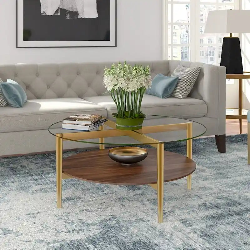 Table Basse Ronde en Verre de 36 Pouces avec Base et Étagère en Acier Doré pour Rangement Pièce d'Appoint Moderne pour Salon - 36L x 36W x 17H