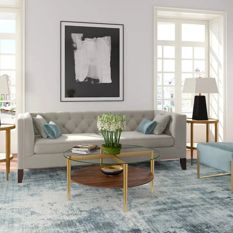 Table Basse Ronde en Verre de 36 Pouces avec Base et Étagère en Acier Doré pour Rangement Pièce d'Appoint Moderne pour Salon - 36L x 36W x 17H