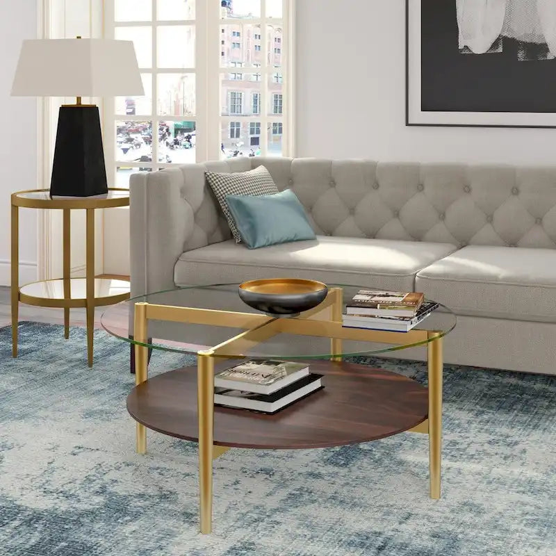 Table Basse Ronde en Verre de 36 Pouces avec Base et Étagère en Acier Doré pour Rangement Pièce d'Appoint Moderne pour Salon - 36L x 36W x 17H