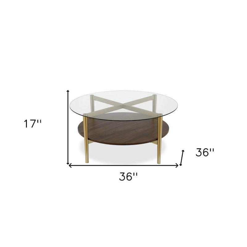 Table Basse Ronde en Verre de 36 Pouces avec Base et Étagère en Acier Doré pour Rangement Pièce d'Appoint Moderne pour Salon - 36L x 36W x 17H