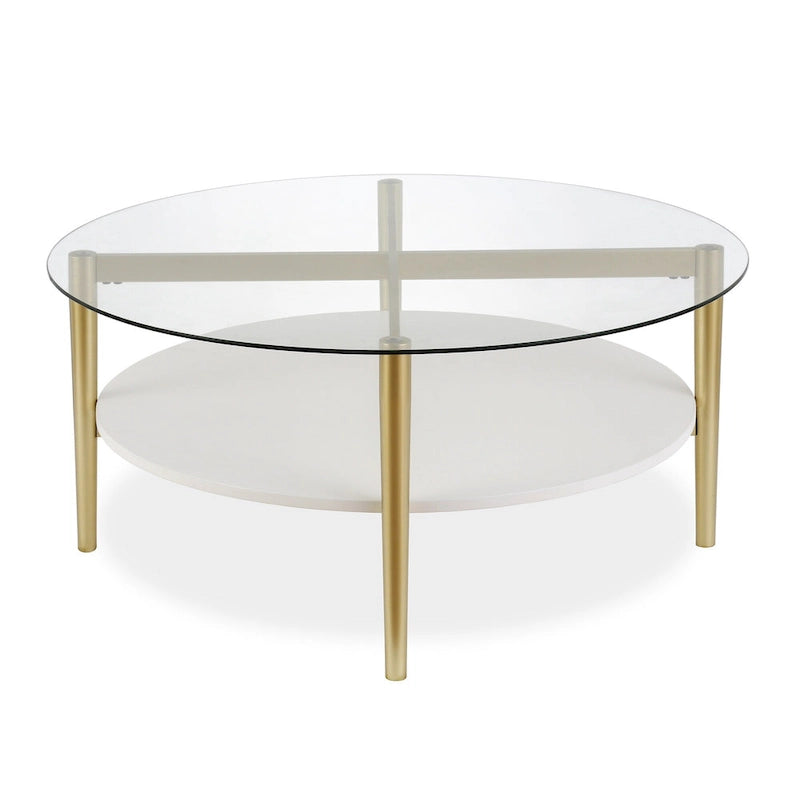 Table Basse Ronde en Verre de 36 Pouces avec Base et Étagère en Acier Doré pour Rangement Pièce d'Appoint Moderne pour Salon - 36L x 36W x 17H