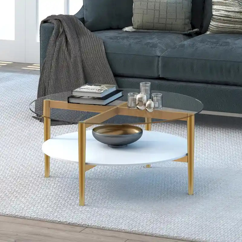 Table Basse Ronde en Verre de 36 Pouces avec Base et Étagère en Acier Doré pour Rangement Pièce d'Appoint Moderne pour Salon - 36L x 36W x 17H