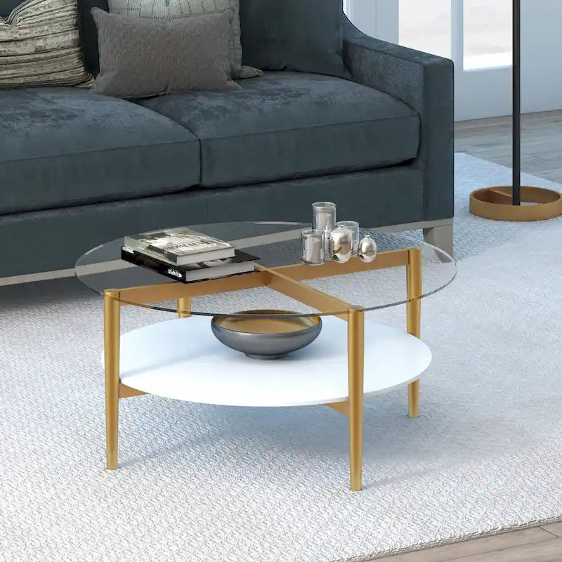 Table Basse Ronde en Verre de 36 Pouces avec Base et Étagère en Acier Doré pour Rangement Pièce d'Appoint Moderne pour Salon - 36L x 36W x 17H