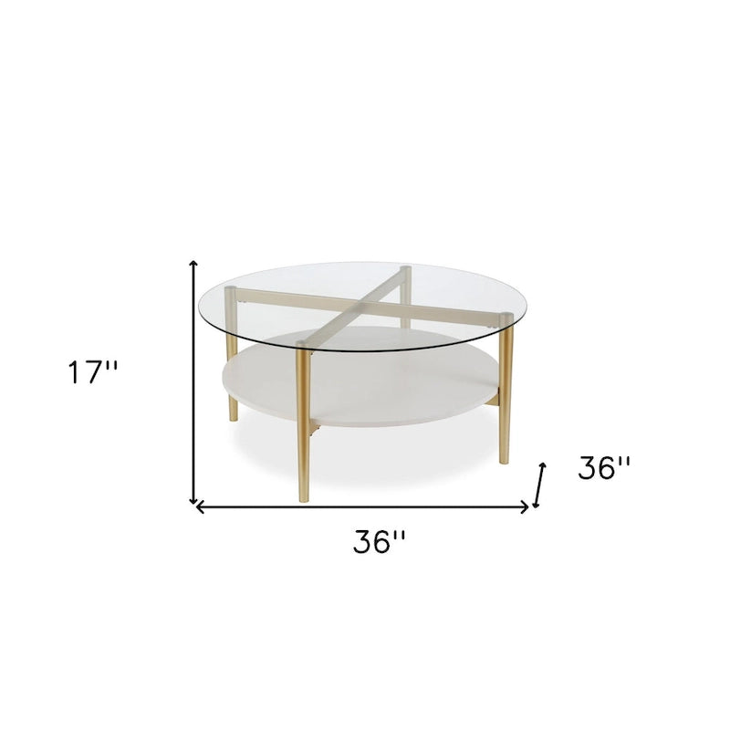 Table Basse Ronde en Verre de 36 Pouces avec Base et Étagère en Acier Doré pour Rangement Pièce d'Appoint Moderne pour Salon - 36L x 36W x 17H