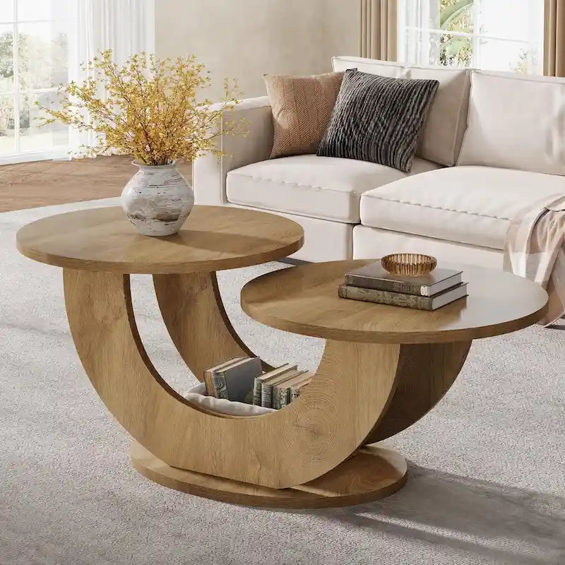 Table basse en bois manufacturé naturel de 45,27 pouces avec base en U, table à thé de ferme à 2 niveaux pour le salon
