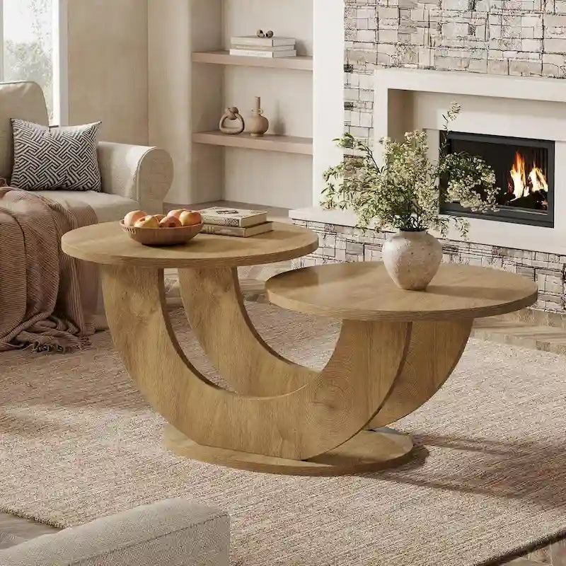 Table basse en bois manufacturé naturel de 45,27 pouces avec base en U, table à thé de ferme à 2 niveaux pour le salon