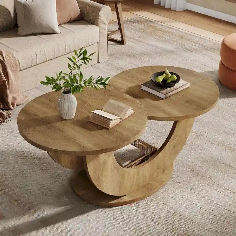 Table basse en bois manufacturé naturel de 45,27 pouces avec base en U, table à thé de ferme à 2 niveaux pour le salon