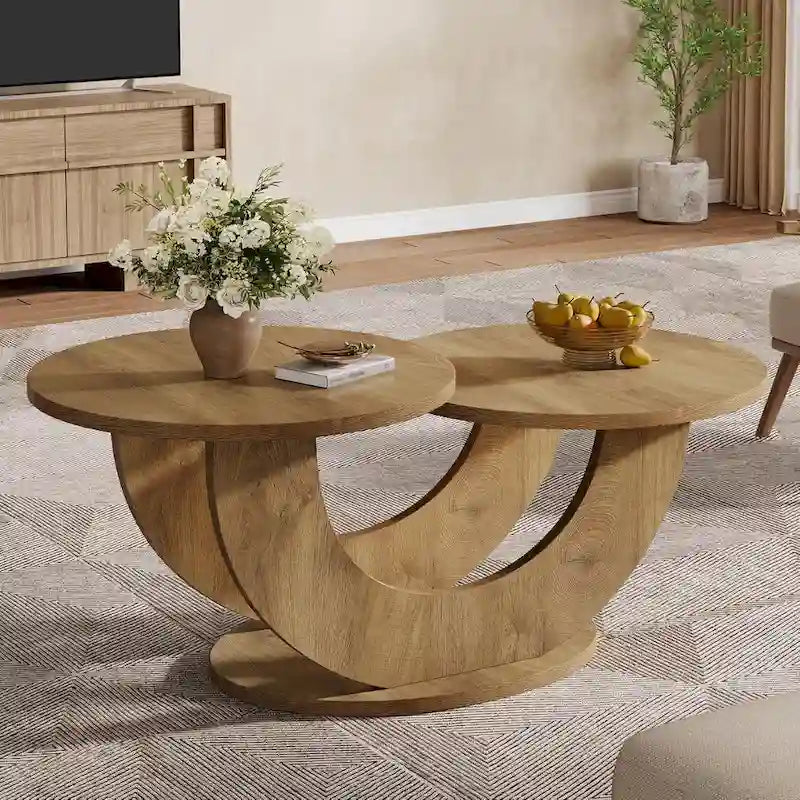 Table basse en bois manufacturé naturel de 45,27 pouces avec base en U, table à thé de ferme à 2 niveaux pour le salon