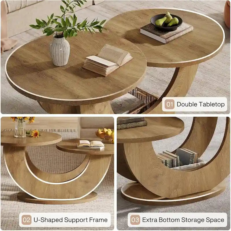 Table basse en bois manufacturé naturel de 45,27 pouces avec base en U, table à thé de ferme à 2 niveaux pour le salon