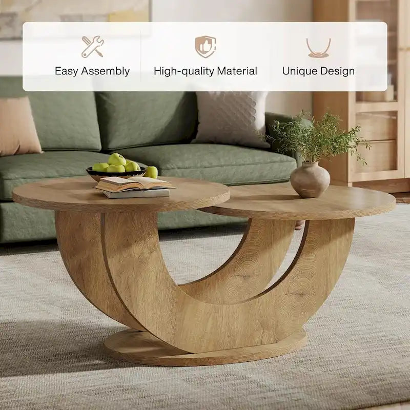 Table basse en bois manufacturé naturel de 45,27 pouces avec base en U, table à thé de ferme à 2 niveaux pour le salon