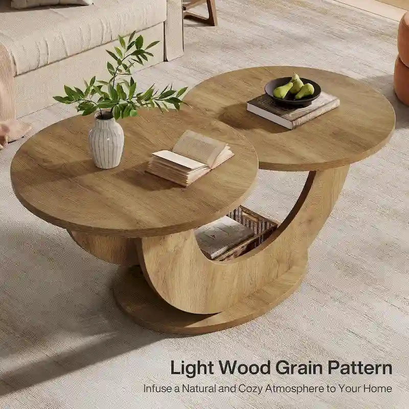 Table basse en bois manufacturé naturel de 45,27 pouces avec base en U, table à thé de ferme à 2 niveaux pour le salon