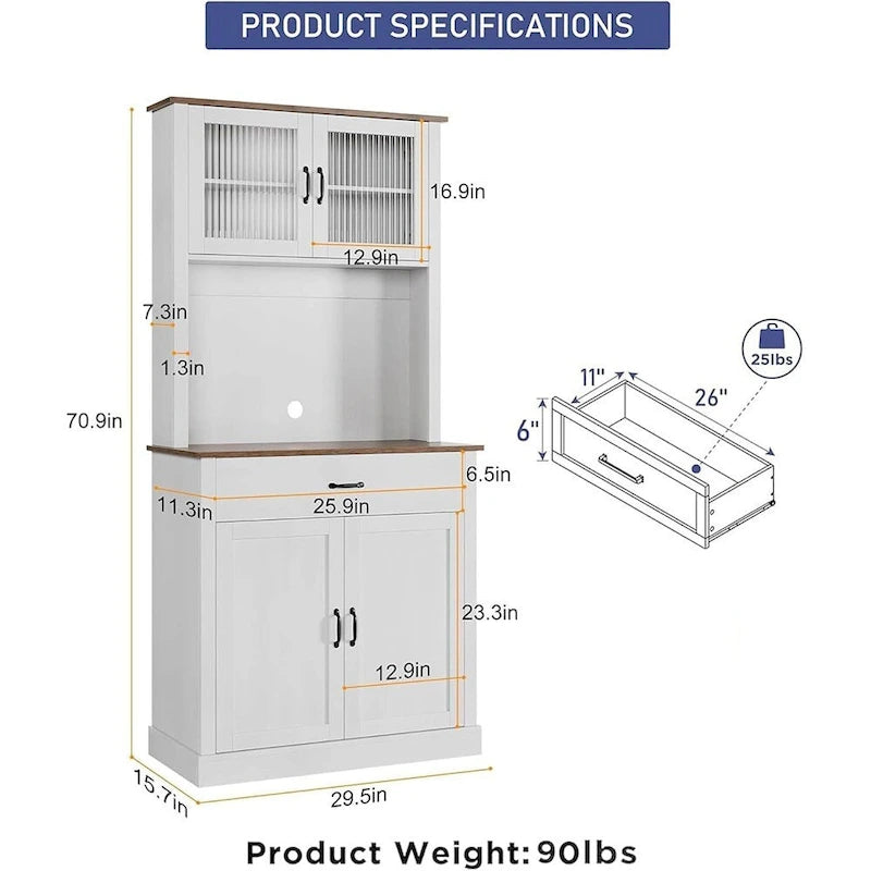 Meuble de cuisine, armoire de rangement de 71 po de haut avec support pour micro-ondes, buffet autoportant pour la maison