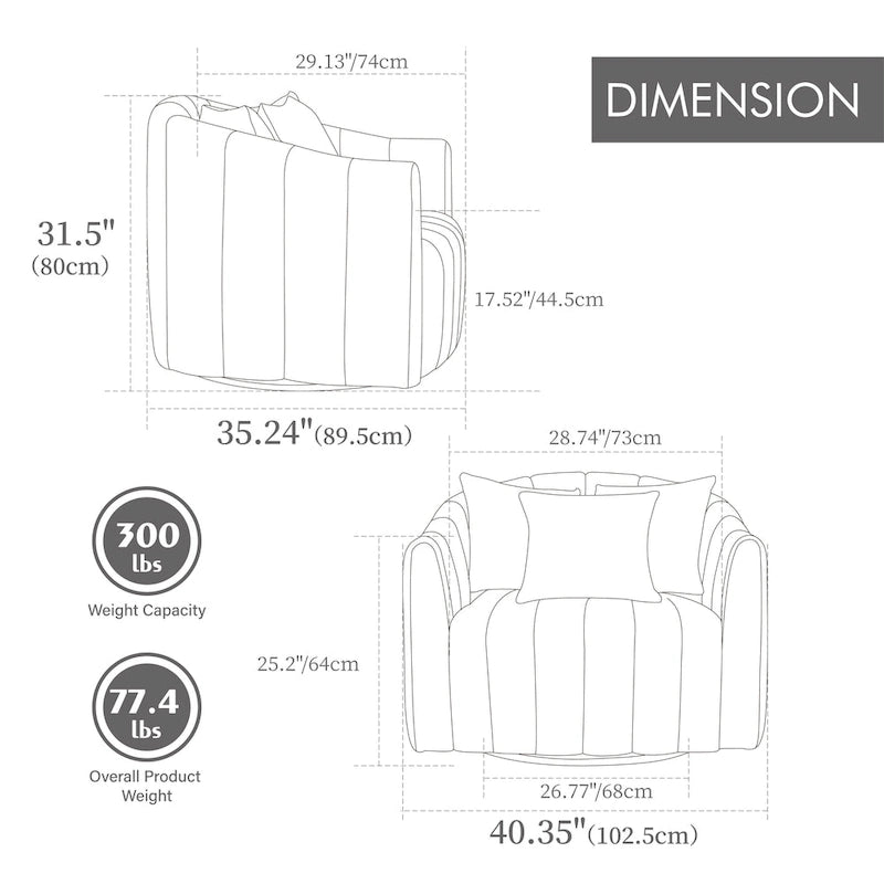 Fauteuil d'appoint pivotant en velours moderne, fauteuil de canapé avec oreillers